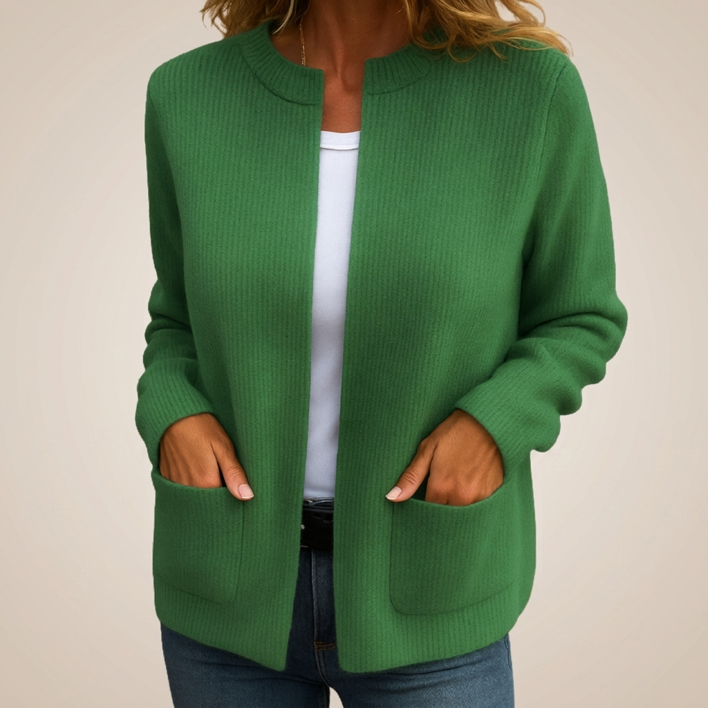 Women's ribbed knit cardigan with long sleeves and front patch pockets