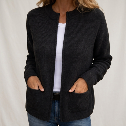 Women's ribbed knit cardigan with long sleeves and front patch pockets