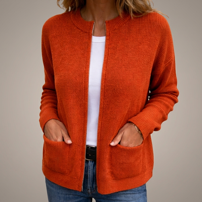 Women's ribbed knit cardigan with long sleeves and front patch pockets