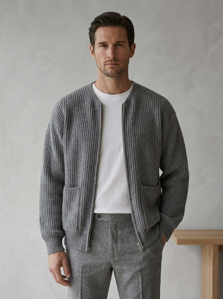 Men's ribbed knit cardigan with funnel neck, zip front and pockets