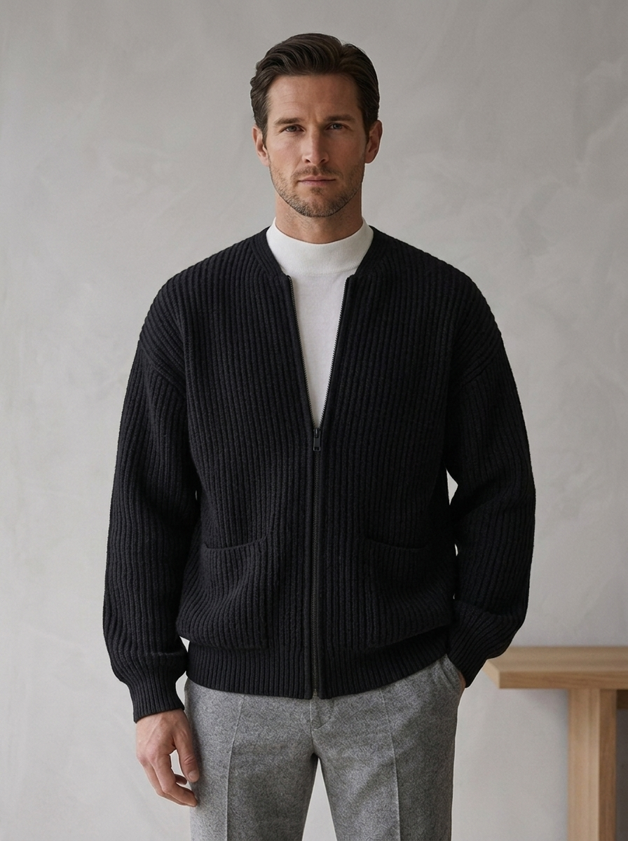 Men's ribbed knit cardigan with funnel neck, zip front and pockets