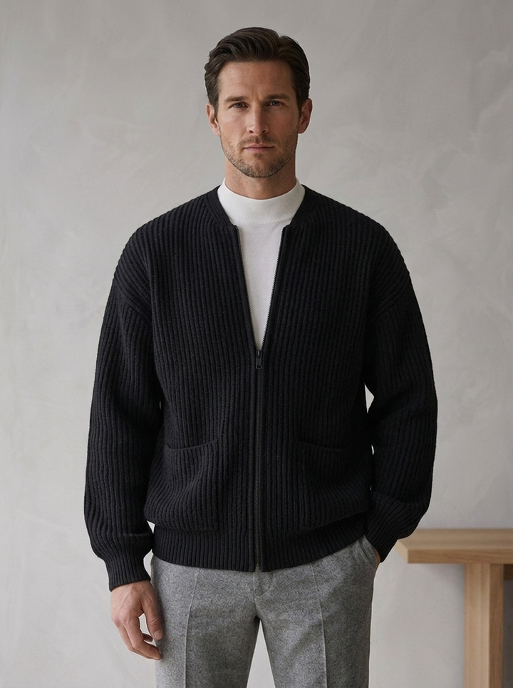 Men's ribbed knit cardigan with funnel neck, zip front and pockets