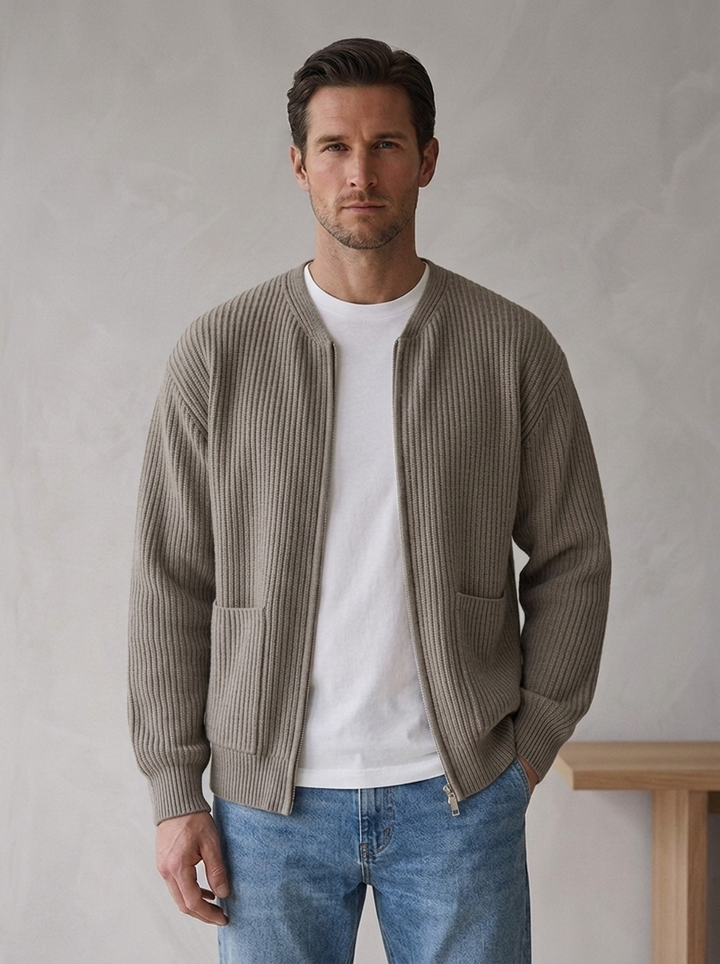 Men's ribbed knit cardigan with funnel neck, zip front and pockets