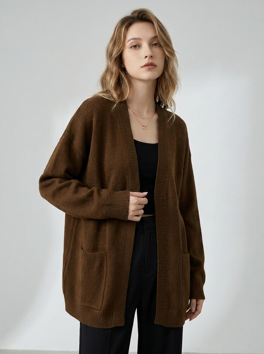 Women's longline open cardigan with long sleeves and front patch pockets