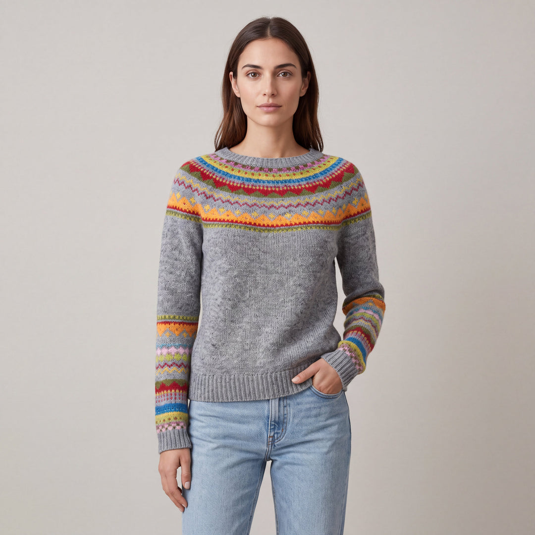 Women's grey Fair Isle pattern sweater with long sleeves
