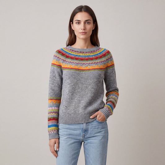 Women's grey Fair Isle pattern sweater with long sleeves