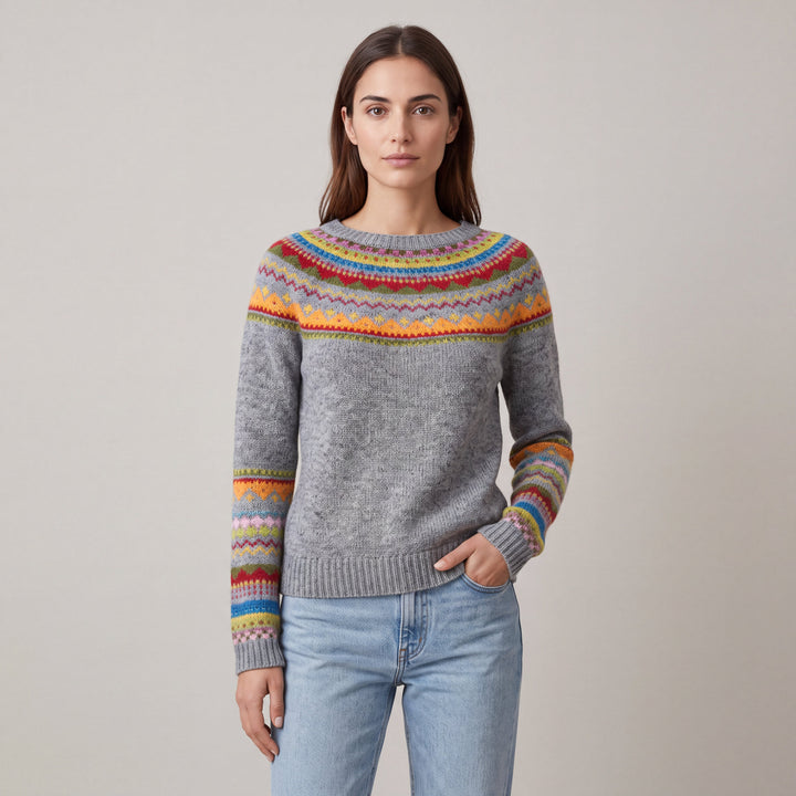 Women's grey Fair Isle pattern sweater with long sleeves