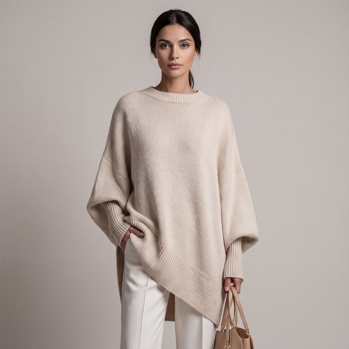 Women's oversized knit sweater with crew neck and asymmetric longline hem