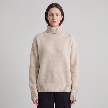 Women's long-sleeve ribbed turtleneck sweater with relaxed fit