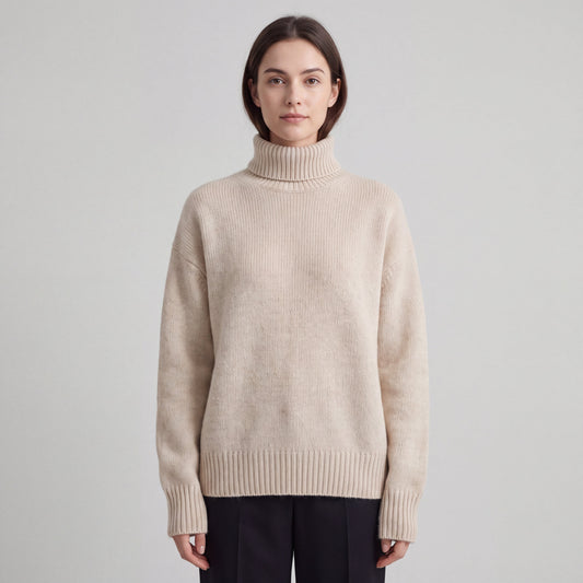 Women's long-sleeve ribbed turtleneck sweater with relaxed fit