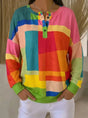 Women's multicolored geometric color block sweater with round neck and long sleeves