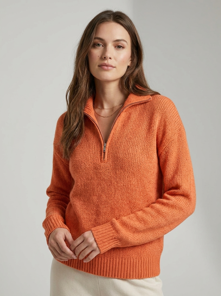 Women's ribbed quarter zip sweater with mock neck and long sleeves