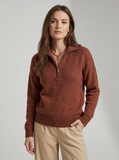 Women's ribbed quarter zip sweater with mock neck and long sleeves