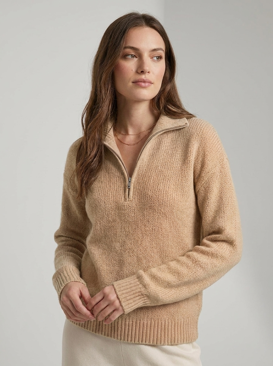 Women's ribbed quarter zip sweater with mock neck and long sleeves