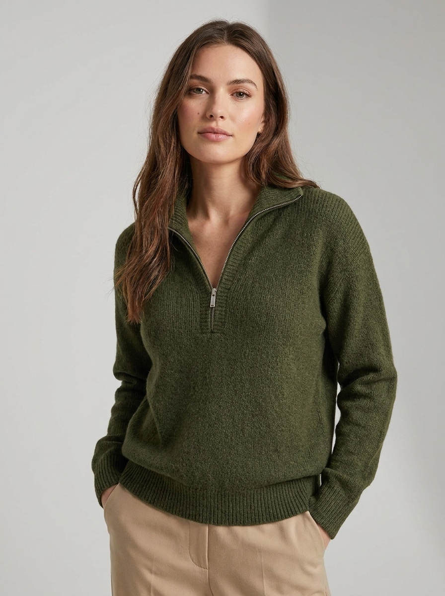 Women's ribbed quarter zip sweater with mock neck and long sleeves