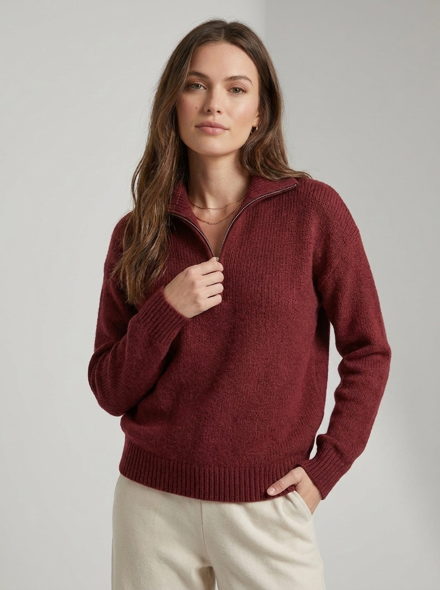 Women's ribbed quarter zip sweater with mock neck and long sleeves