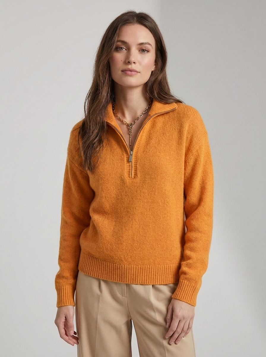 Women's ribbed quarter zip sweater with mock neck and long sleeves