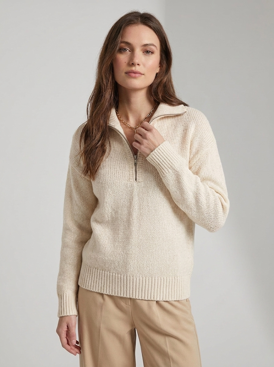Women's ribbed quarter zip sweater with mock neck and long sleeves