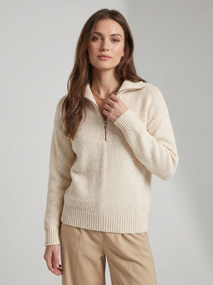 Women's ribbed quarter zip sweater with mock neck and long sleeves