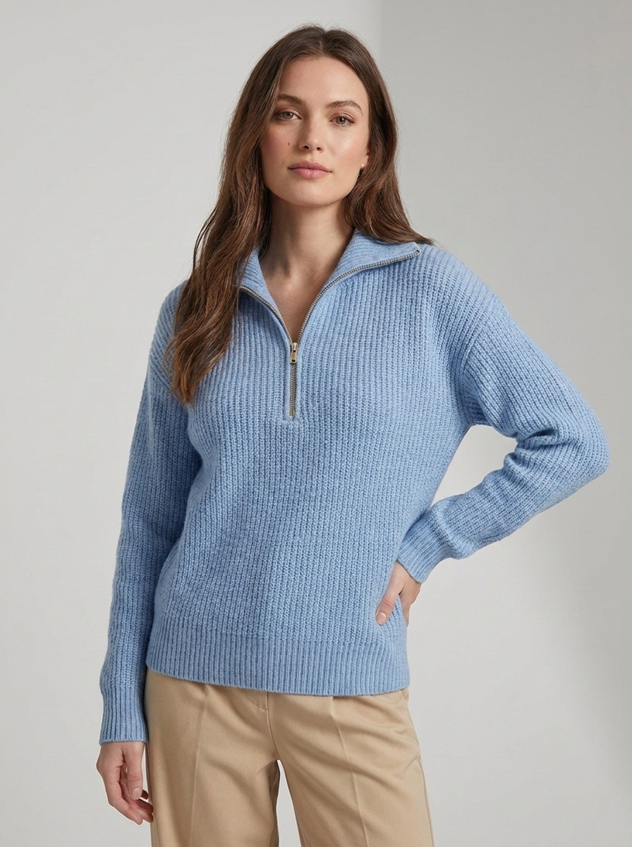 Women's ribbed quarter zip sweater with mock neck and long sleeves