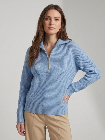 Women's ribbed quarter zip sweater with mock neck and long sleeves