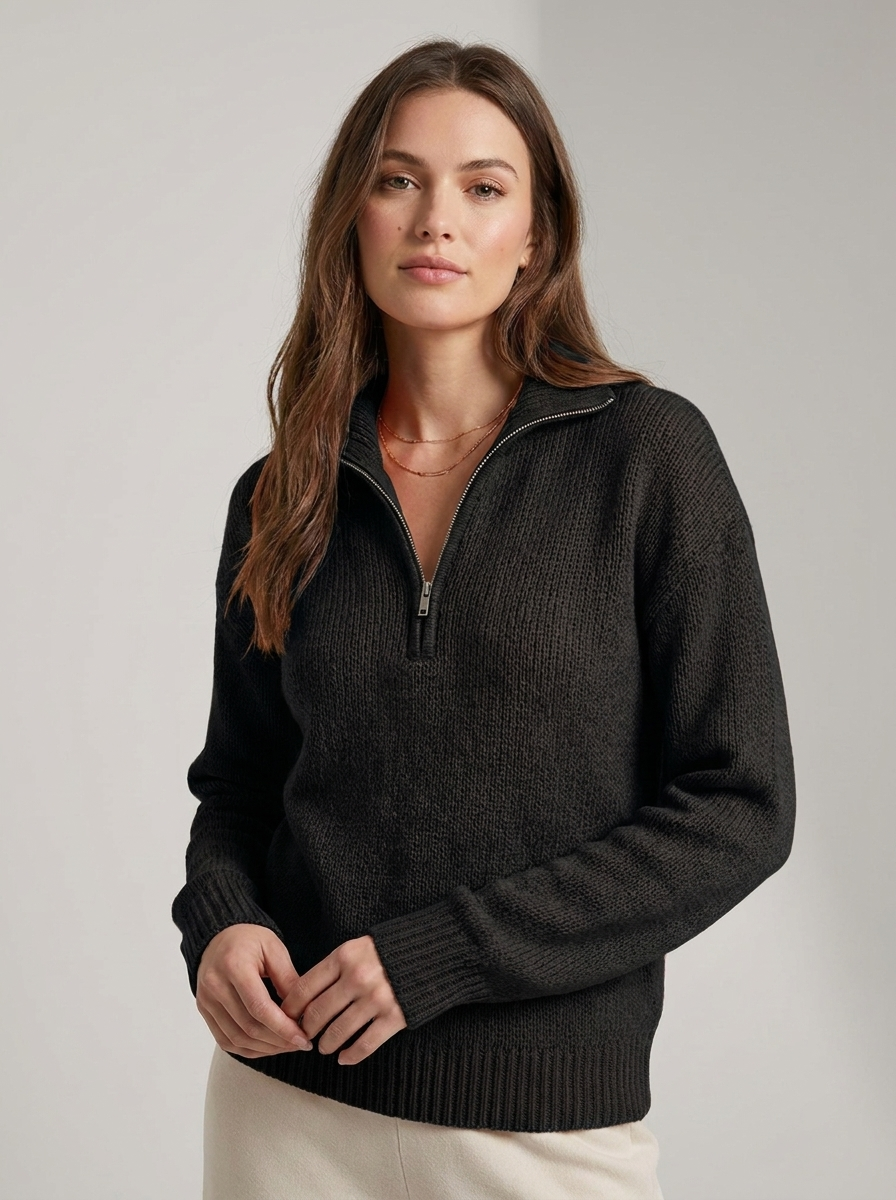 Women's ribbed quarter zip sweater with mock neck and long sleeves