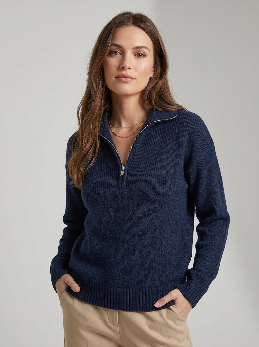 Women's ribbed quarter zip sweater with mock neck and long sleeves