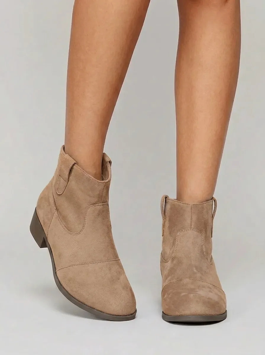 Women's ankle boots with western stitching, pull tabs and mid block heels