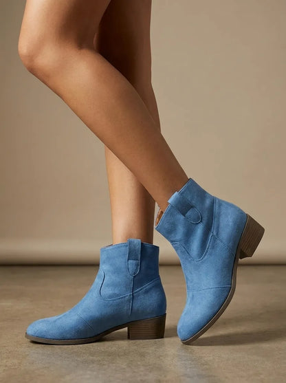Women's ankle boots with western stitching, pull tabs and mid block heels