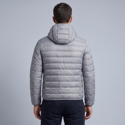 Men's quilted hooded puffer jacket with long sleeves and front zip