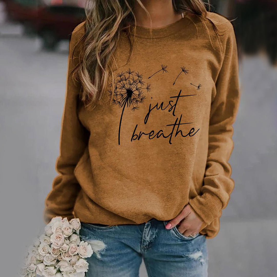 Women's long-sleeve sweatshirt with dandelion Just Breathe graphic