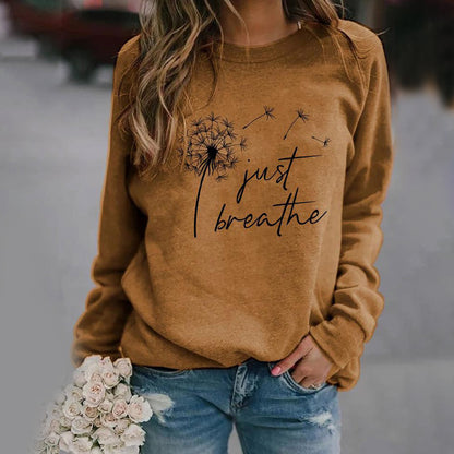 Women's long-sleeve sweatshirt with dandelion Just Breathe graphic