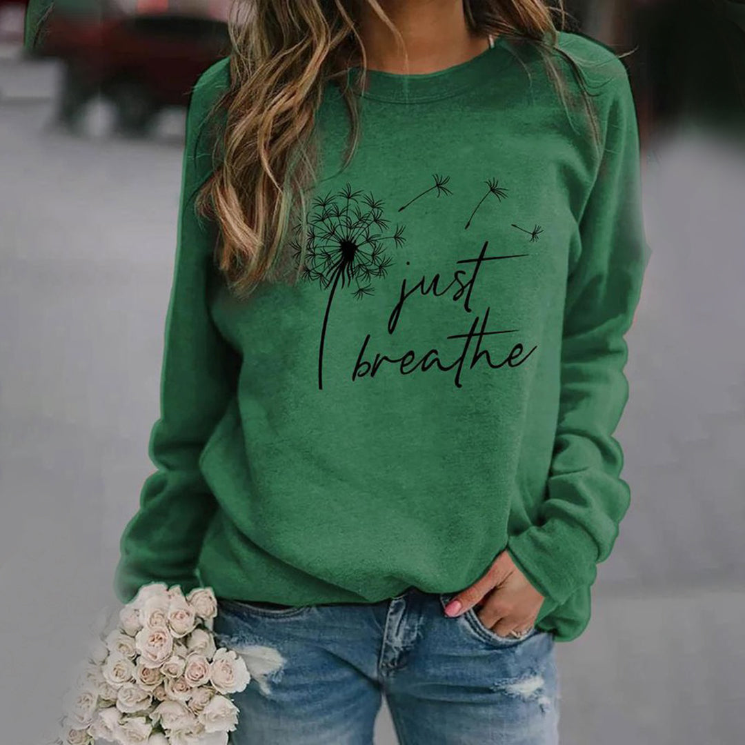 Women's long-sleeve sweatshirt with dandelion Just Breathe graphic