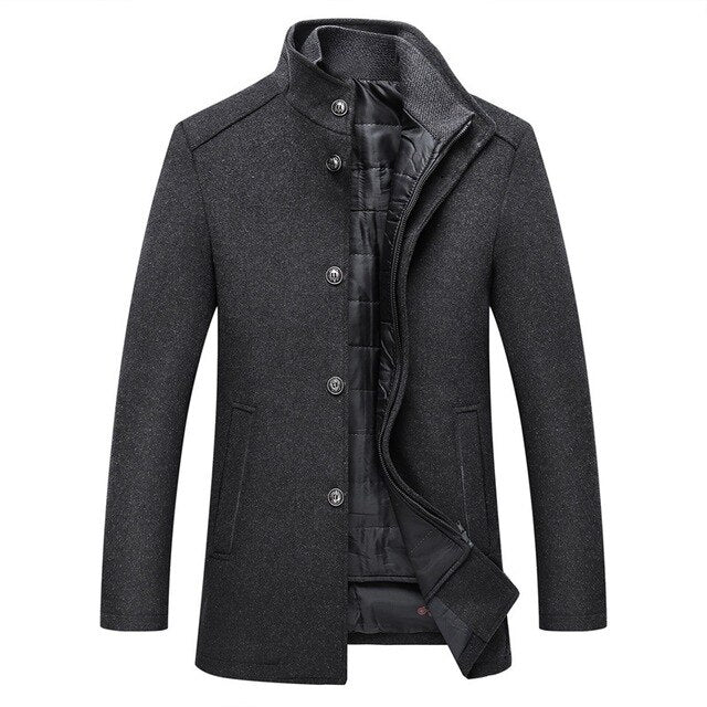 Men's mid-length winter coat with stand collar, buttons and quilted lining