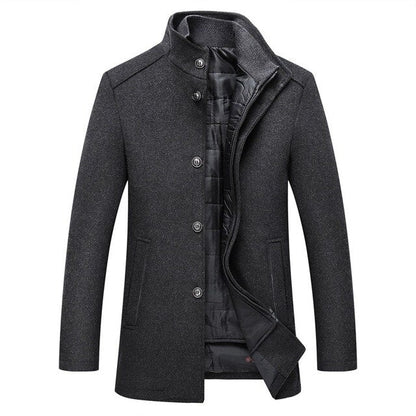 Men's mid-length winter coat with stand collar, buttons and quilted lining