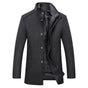 Men's mid-length winter coat with stand collar, buttons and quilted lining