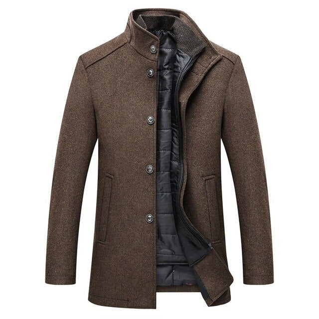 Men's mid-length winter coat with stand collar, buttons and quilted lining