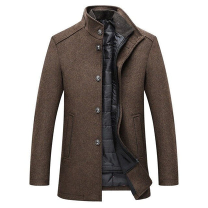 Men's mid-length winter coat with stand collar, buttons and quilted lining