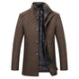 Men's mid-length winter coat with stand collar, buttons and quilted lining