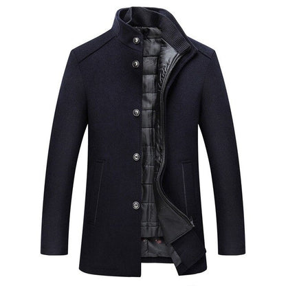 Men's mid-length winter coat with stand collar, buttons and quilted lining