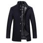 Men's mid-length winter coat with stand collar, buttons and quilted lining