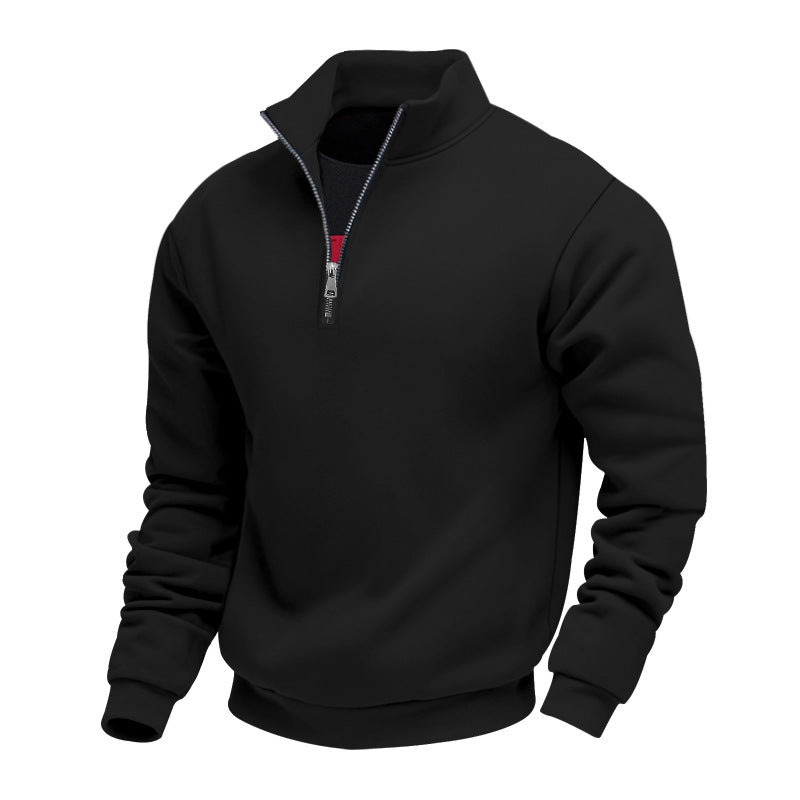 Men's solid quarter-zip sweatshirt with high collar and long sleeves