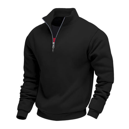 Men's solid quarter-zip sweatshirt with high collar and long sleeves
