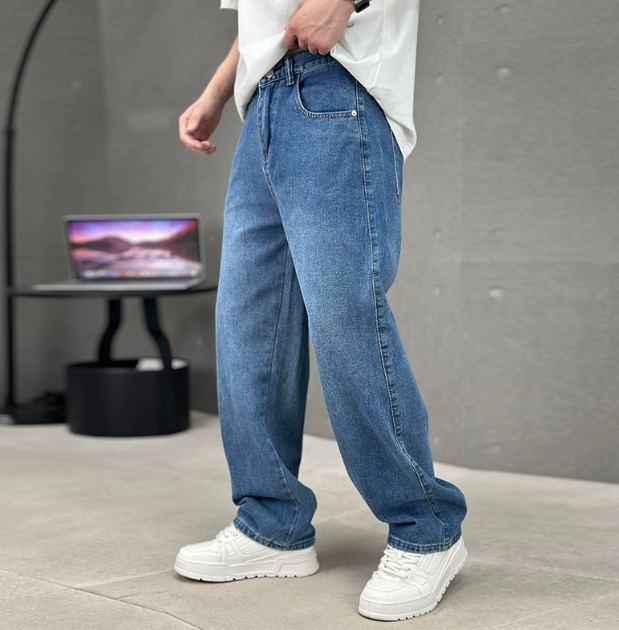 Men's straight leg jeans with five-pocket styling and full-length hems