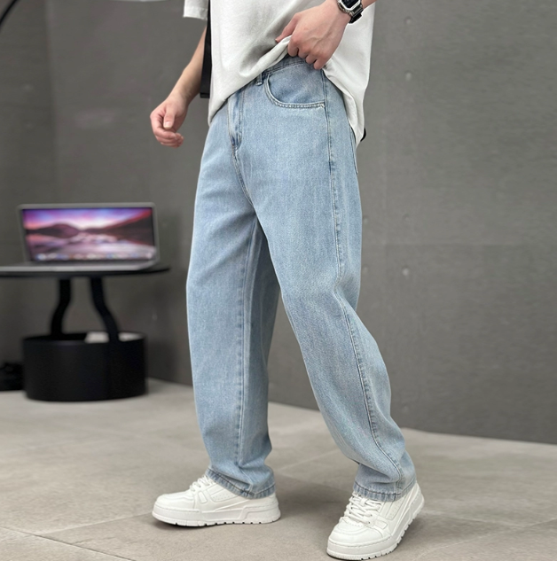 Men's straight leg jeans with five-pocket styling and full-length hems