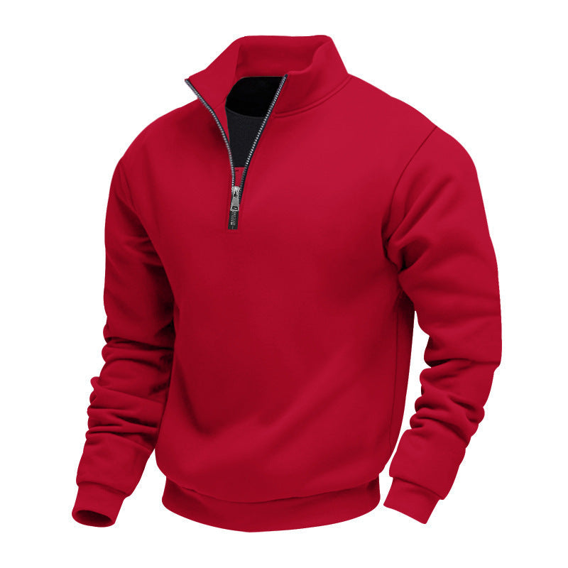 Men's solid quarter-zip sweatshirt with high collar and long sleeves