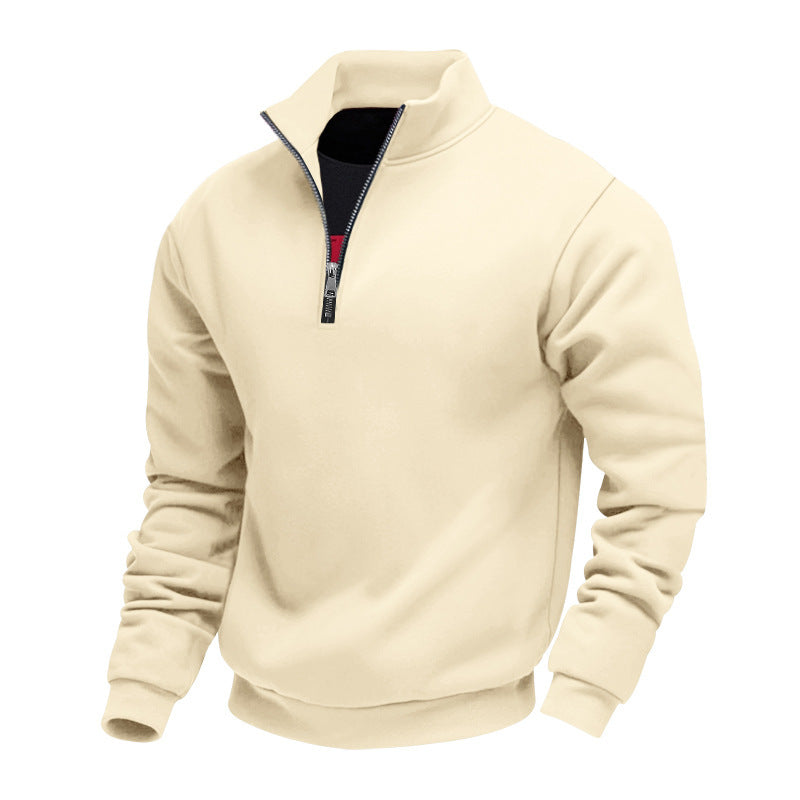 Men's solid quarter-zip sweatshirt with high collar and long sleeves