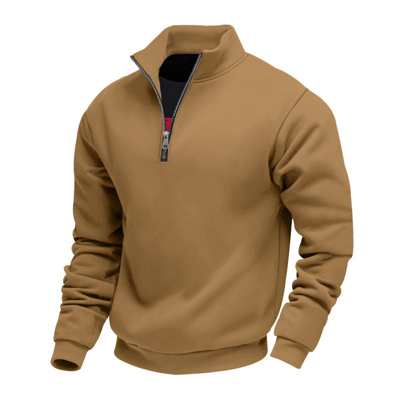 Men's solid quarter-zip sweatshirt with high collar and long sleeves
