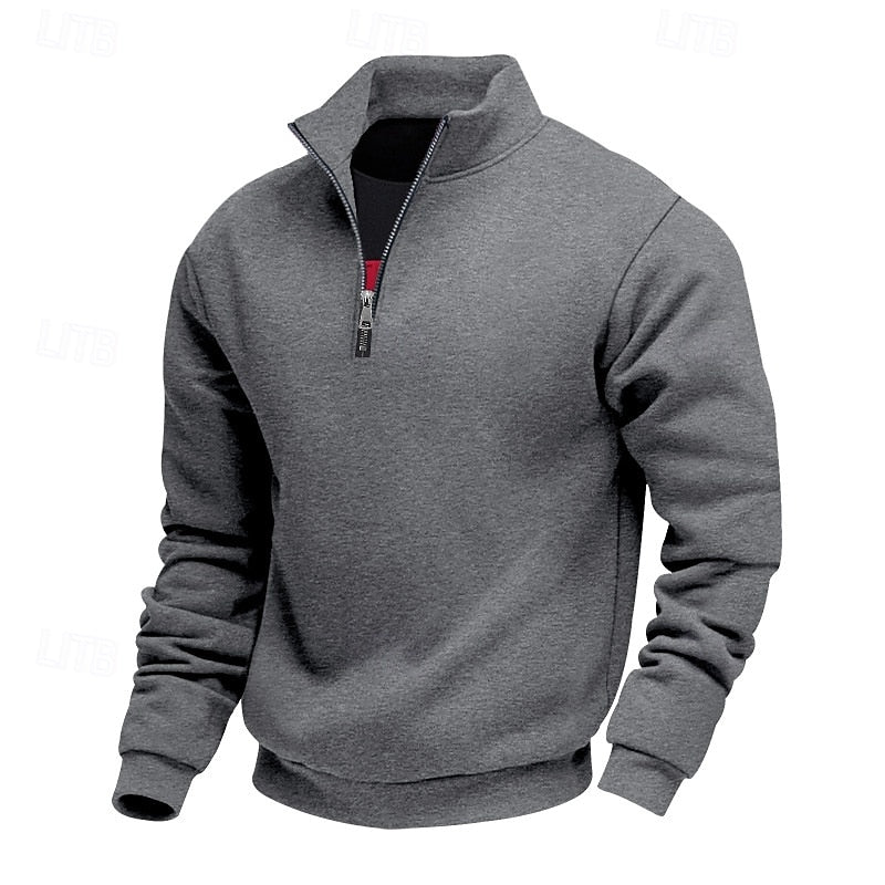 Men's solid quarter-zip sweatshirt with high collar and long sleeves