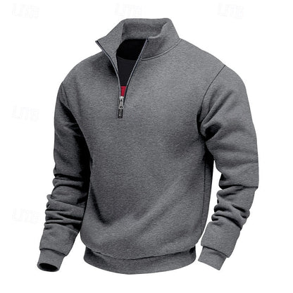Men's solid quarter-zip sweatshirt with high collar and long sleeves